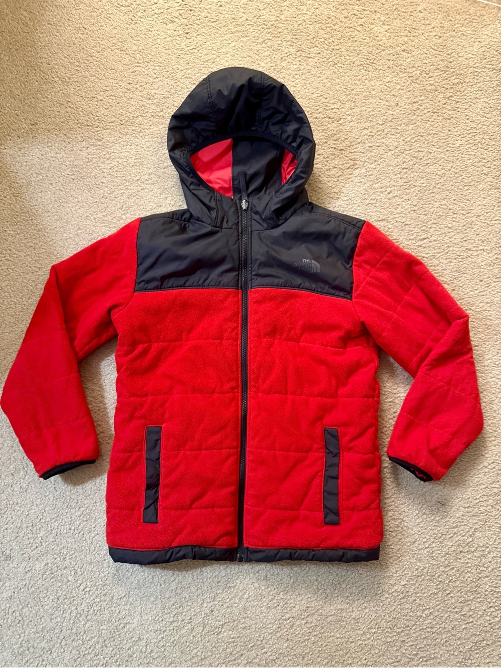 Boys North Face Jacket Reversible Fleece Water Resist Hood Red Black Large 14/16